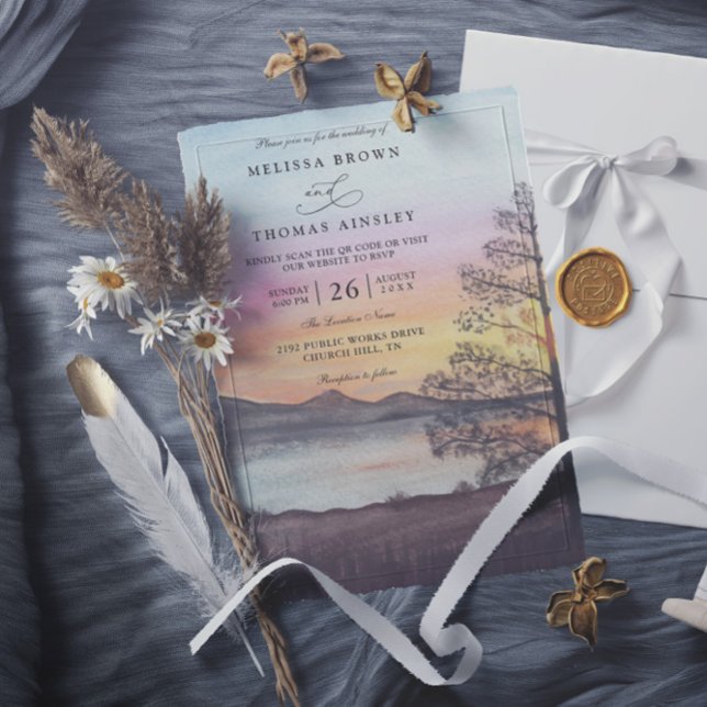 Watercolor Mountain Lake View QR Code Wedding Inbjudningar (Skapare uppladdad)