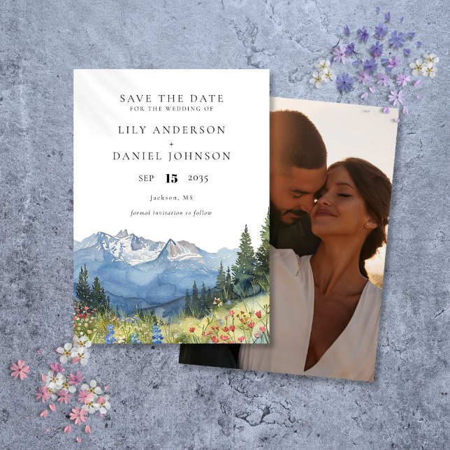 Watercolor Mountain Wildblomfoto Bröllop Spara Datumet (Watercolor Mountain Wildflower Photo Wedding Save The Date)