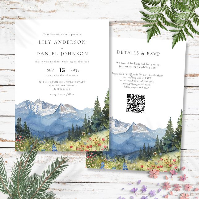 Watercolor Mountain Wildblomma QR Code Bröllop Inbjudningar (Watercolor Mountain Wildflower QR Code Wedding Invitation)