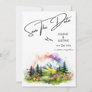 Watercolor Mountain Wildblomma Spara Datumet