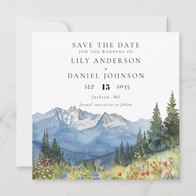 Watercolor Mountain Wildflower Floral Wedding Spara Datumet (Framsida)