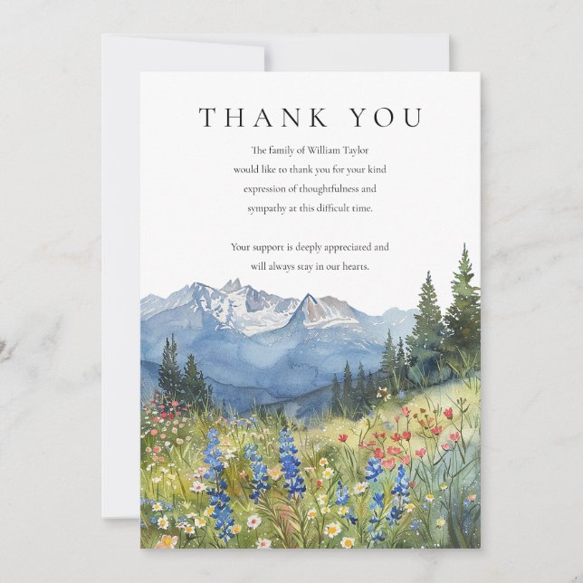 Watercolor Mountain Wildflower Funeral Tack Kort (Framsida)