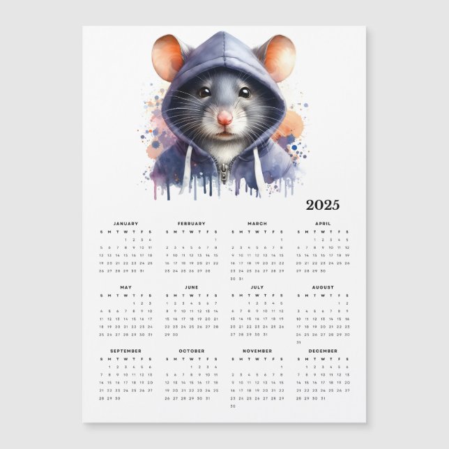 Watercolor Mouse Hoodie Stänk Art 2025 Calendar (Framsida)