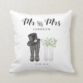 Watercolor Mr & Mrs. med top hat, blommor och stöv Kudde