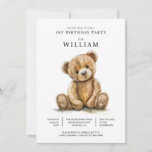 Watercolor Nalle Boy 1st Birthday Inbjudningar