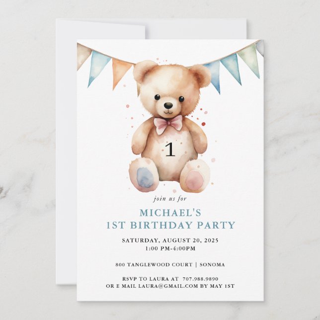 Watercolor Nalle Boy Blue 1 Birthday Inbjudningar (Framsida)