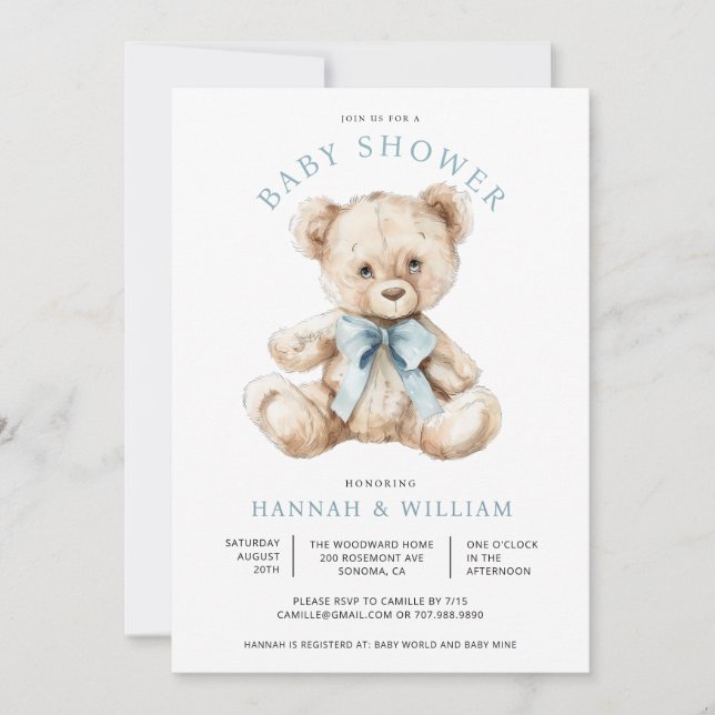 Watercolor Nalle Boy Blue Shower Inbjudningar (Framsida)