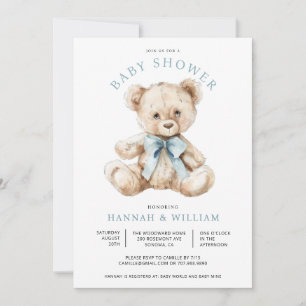 Watercolor Nalle Boy Blue Shower Inbjudningar