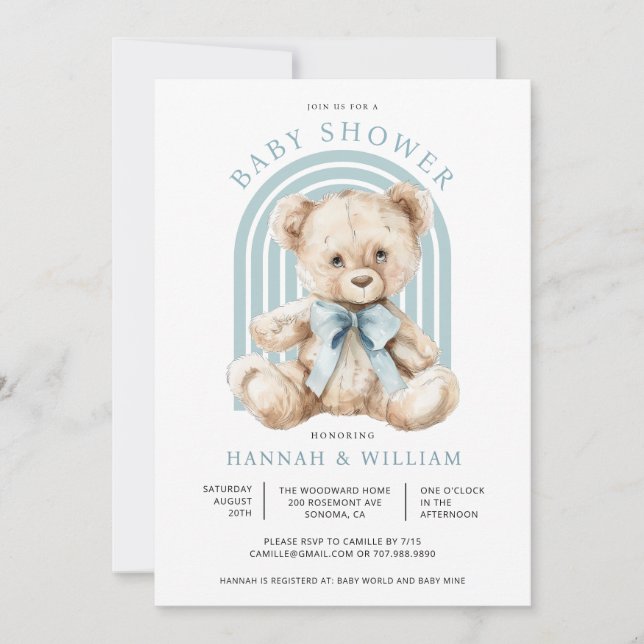 Watercolor Nalle Boy Blue Shower Inbjudningar (Framsida)
