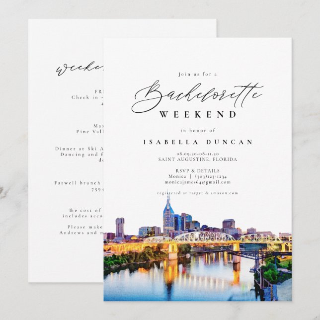 Watercolor Nashville Bachelorette Itinerary och Inbjudningar (Fram/baksida)
