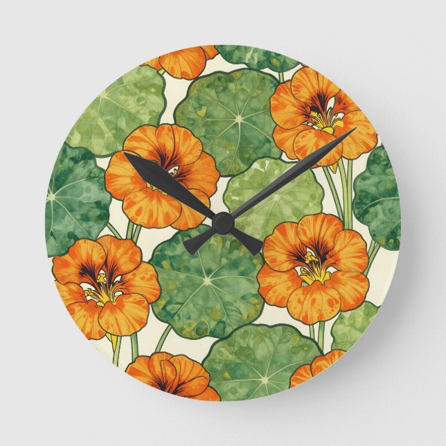 Watercolor Nasturtium Floral Pattern Rund Klocka (Framsida)
