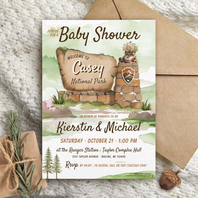 Watercolor Nationalpark Söt Skogsbarnsbad Inbjudningar (Watercolor National Park Cute Woodland Camping Hiking Gender Neutral Baby Boy Girl Shower Invitation)