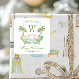 Watercolor Nativity Monogram Crest Christmas Fyrkantigt Klistermärke
