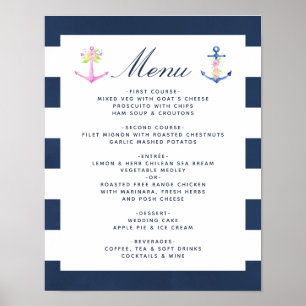 Watercolor Nautical Blommigt Bröllop Menu Poster