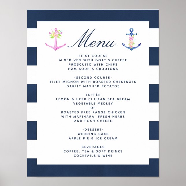 Watercolor Nautical Blommigt Bröllop Menu Poster (Framsidan)