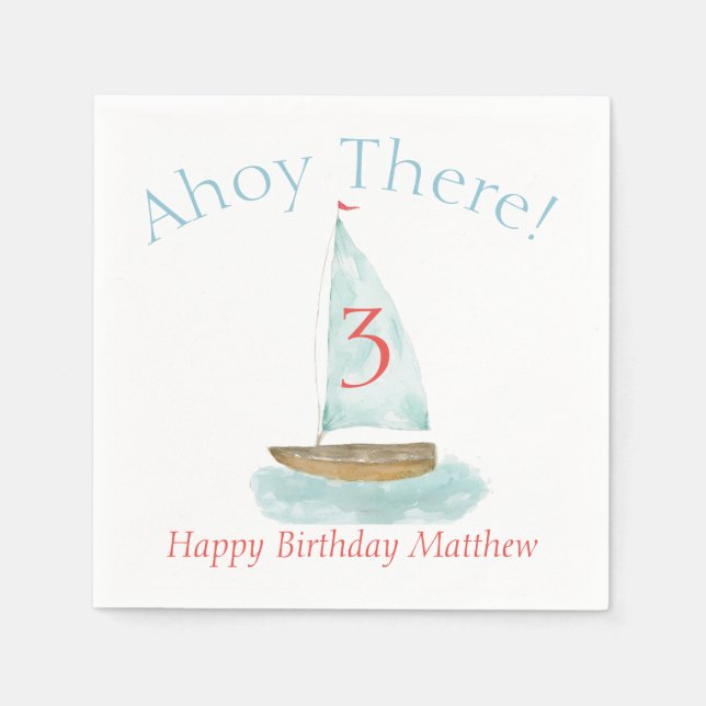 Watercolor Nautical Sailboat Birthday  Pappersservett (Framsidan)