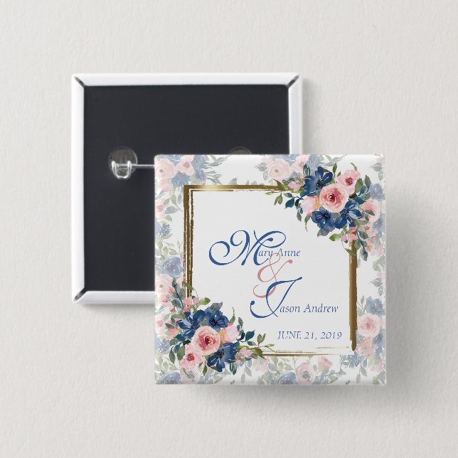 Watercolor Navy & Blush Bröllop Knapp (Framsida & baksida)