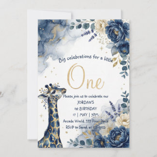 Watercolor Navy Giraffe Boy First Birthday Inbjudningar