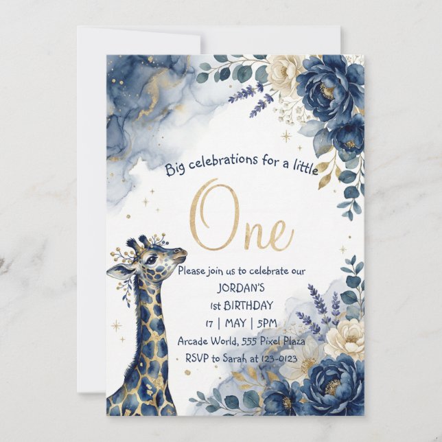 Watercolor Navy Giraffe Boy First Birthday Inbjudningar (Framsida)