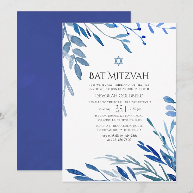 Watercolor Navy Indigo Blad Bat Mitzvah Inbjudningar (Fram/baksida)