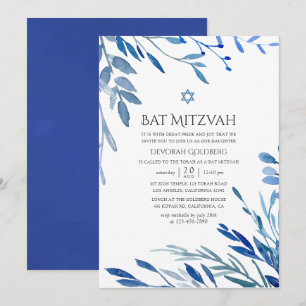 Watercolor Navy Indigo Blad Bat Mitzvah Inbjudningar