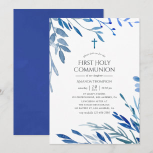 Watercolor Navy Indigo Löv First Communion Inbjudningar