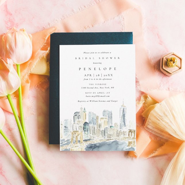 Watercolor New York City Skyline Möhippa Inbjudningar (New York City skyline watercolor bridal shower invitation.)