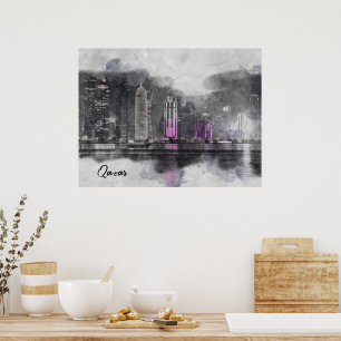 Watercolor Night Qatar Poster - Doha City Skyline