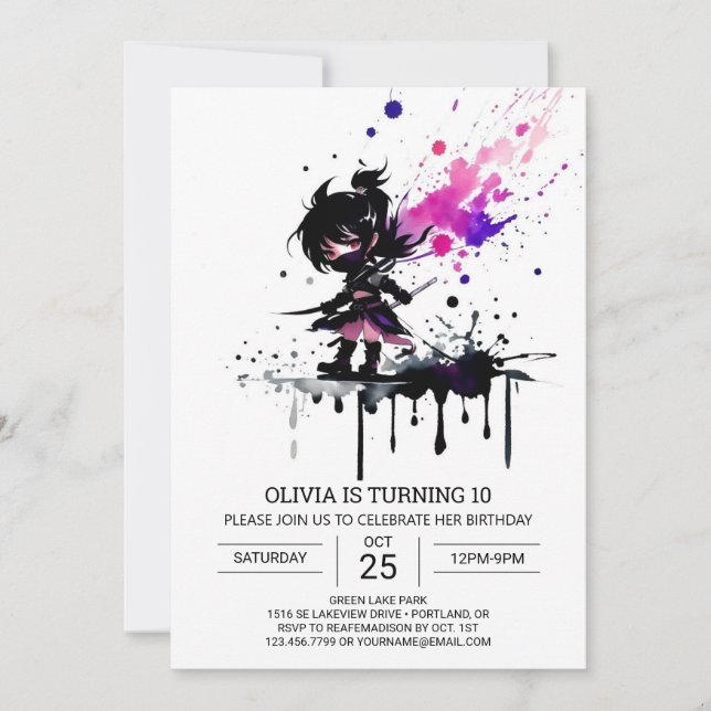Watercolor Ninja Anpassningsbar Girl Birthday Inbjudningar (Framsida)