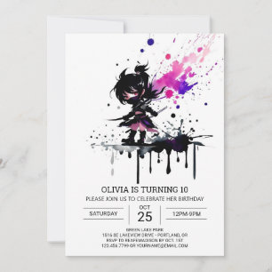 Watercolor Ninja Anpassningsbar Girl Birthday Inbjudningar