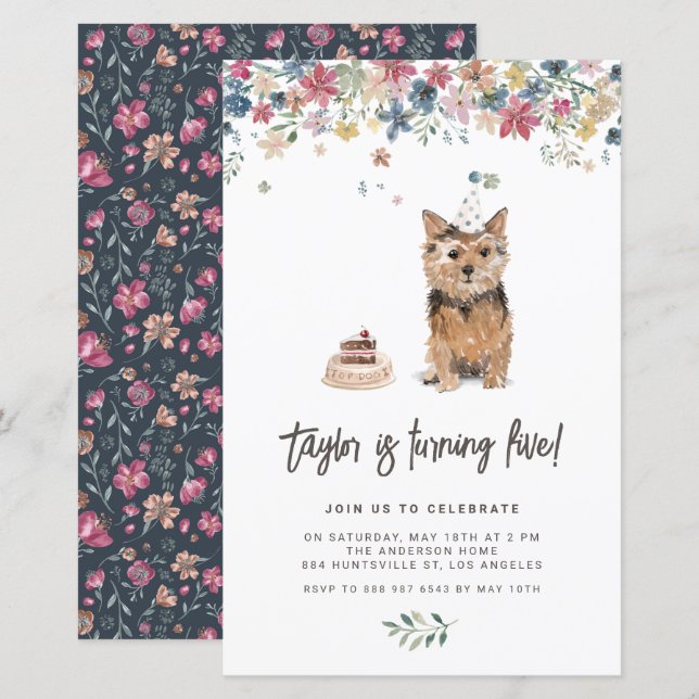 Watercolor Norfolk Terrier Hund Birthday-inbjudan (Fram/baksida)