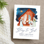 Watercolor Ntivity Scene Glory to God Non-Photo Helg Vykort<br><div class="desc">Minnet för säsongen med vårt vackra julvykort på jultomten. Religiösans vykort för julgranar har en vattenfärgsskådeplats med "Glory to God" som visas i ett marint blått kalligrafiskt skript. Anpassa framsidan av vykortet för icke-fotojul genom att lägga till en anpassningsbar hälsning och din familjs namn. vykortet återgår till visning av din...</div>