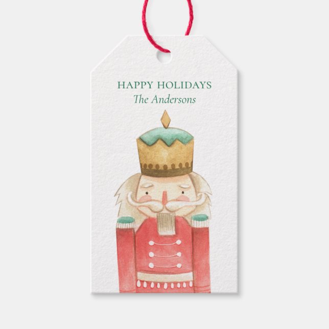 Watercolor Nutcracker Holly-Helgdag Presentetikett (Framsidan)