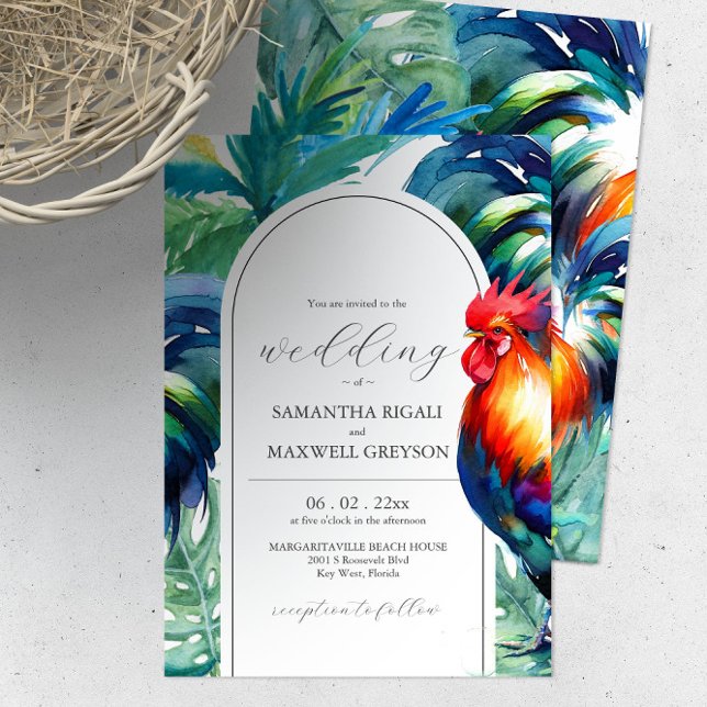 Watercolor Nyckel Väster Florida bröllopsinbjudnin Inbjudningar (Bright color wedding invitations features unique rooster, palm tree and leaves watercolor art.)