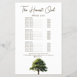 Watercolor Oak Tree Modern Elegant Service Menu Flygblad