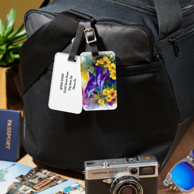 Watercolor Ocean Dolphins Tropical Flowers Bagagebricka (Fram & Baksida)