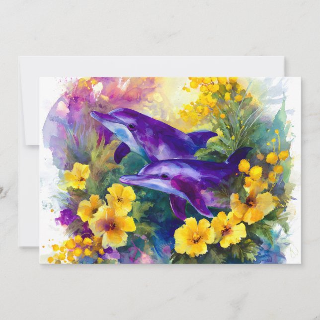 Watercolor Ocean Dolphins Tropical Flowers Julkort (Framsida)
