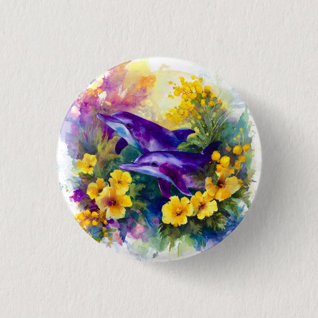 Watercolor Ocean Dolphins Tropical Flowers Knapp (Framsida)