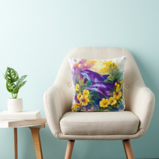 Watercolor Ocean Dolphins Tropical Flowers Kudde