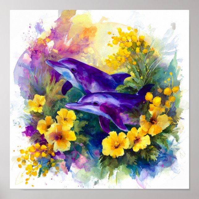 Watercolor Ocean Dolphins Tropical Flowers Poster (Framsidan)