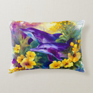 Watercolor Ocean Dolphins Tropical Flowers Prydnadskudde