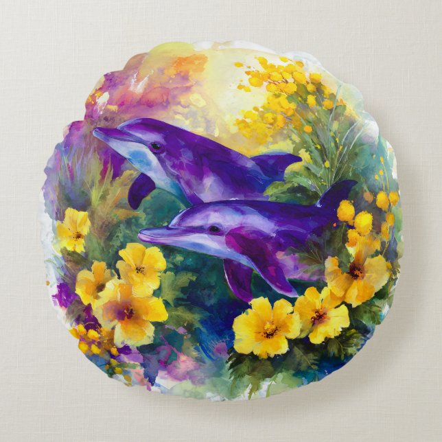 Watercolor Ocean Dolphins Tropical Flowers Rund Kudde (Framsidan)