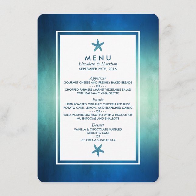 Watercolor Ocean Starfish Beach Wedding Menu Meny (Framsida)