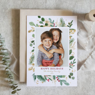 Watercolor och Faux Foil Winter Greenery Photo Helgkort