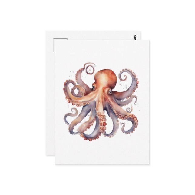 Watercolor Octopus Vykort (Fram/Back In Situ)