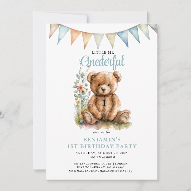 Watercolor Oenderful Nalle Boy 1st Birthday Inbjudningar (Framsida)