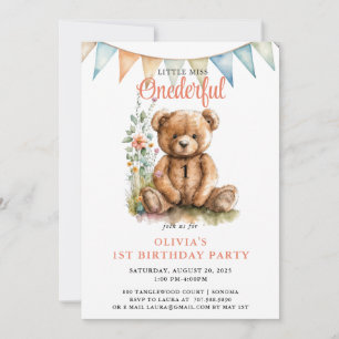 Watercolor Oenderful Nalle Girl 1st Birthday Inbjudningar