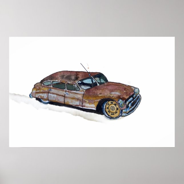 Watercolor of a rusty old antique sedan poster (Framsidan)