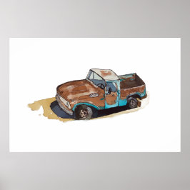 Watercolor of a rusty old pick up truck poster