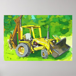 Watercolor of a yellow tractor with backhoe poster